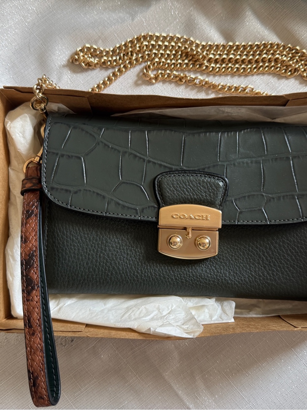 NIB Coach Flap Clutch Crossbody Bag Croc Embossed Pebble Leather F55617